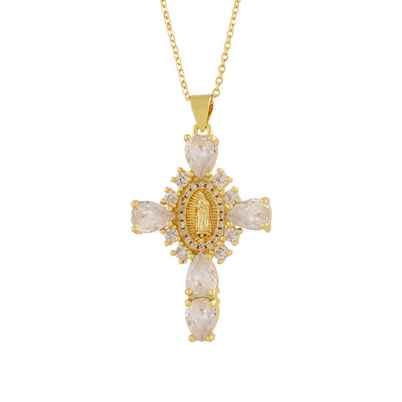 Copper Plated 18K Gold Cross Pendant Necklace with Multi-color Zircon Embellishments