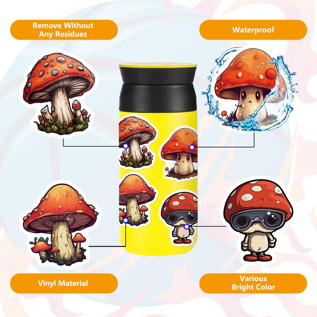 50 Horror Mushroom Stickers Trendy Doodle Waterproof Travel Box Laptop Decorative Stickers