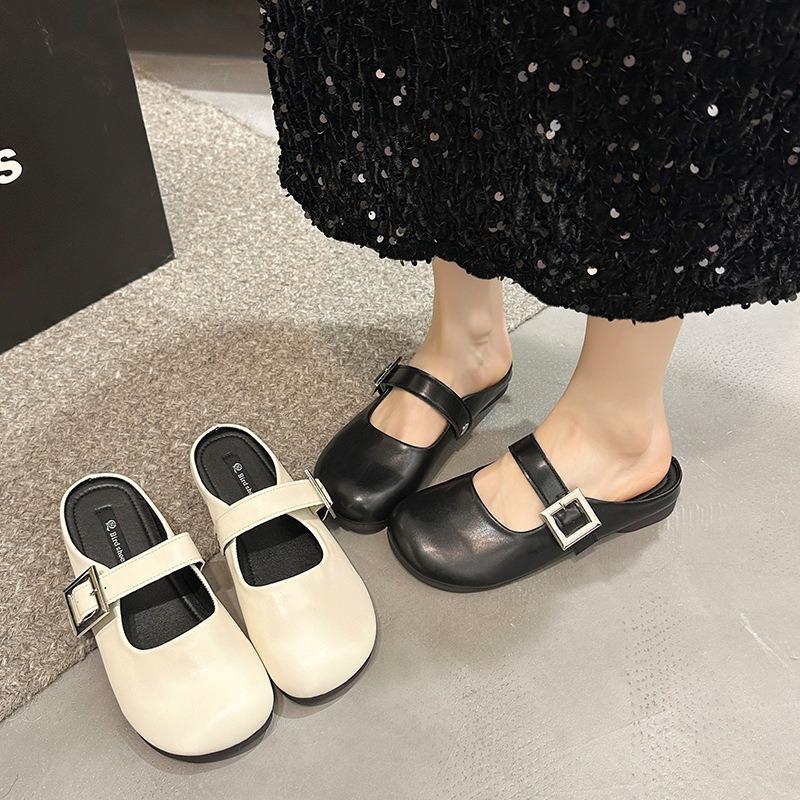 Half drag flat bottom bag head half slippers women's summer outer wear single shoes women's new niche beige