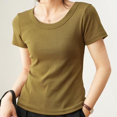 T-shirt Women's U-neck Short-sleeved Loose Solid Color Top