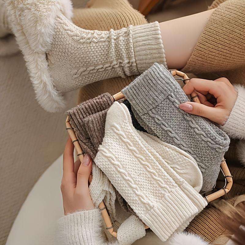 5-pair Set of Autumn and Winter Japanese-style Versatile Solid Color Embossed Cable Knit Thick Warm Over-the-knee Socks