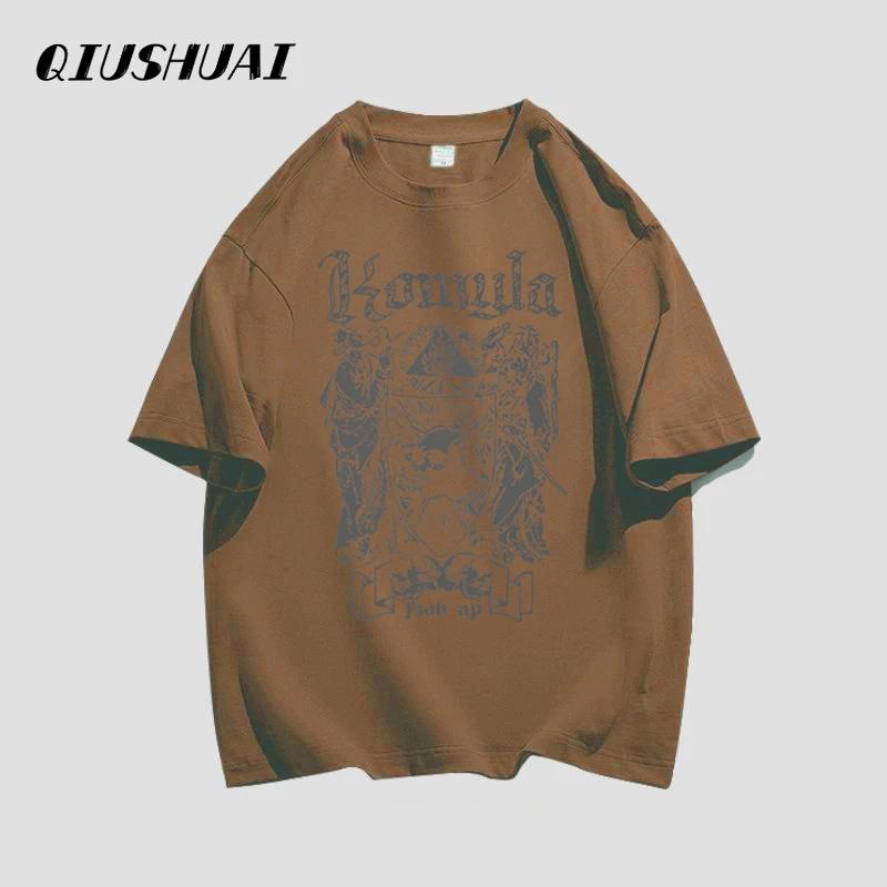 

Футболка в американском стиле Харадзюку из чистого хлопка, с коротким рукавом, мужская, летняя, новая модная, уличный стиль, с ретро-принтом, свободного кроя XXXXXL коричневый