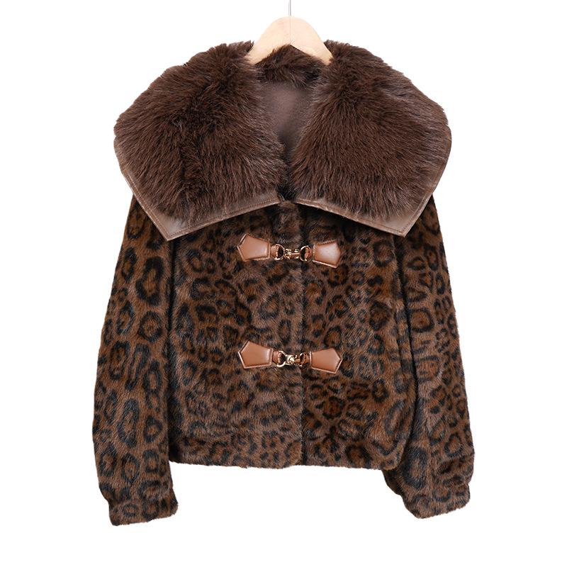 

Женская зимняя куртка из искусственного меха норки с леопардовым принтом и большим меховым воротником - Теплый экологичный лоскутный дизайн Large цветной печати леопарда