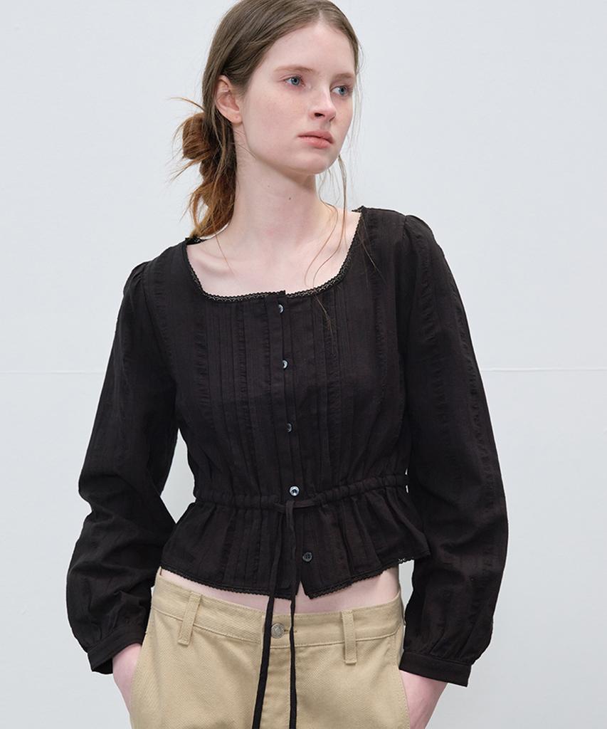 Peulibeo07 Ribbon Shirring Crop Blouse_Black
