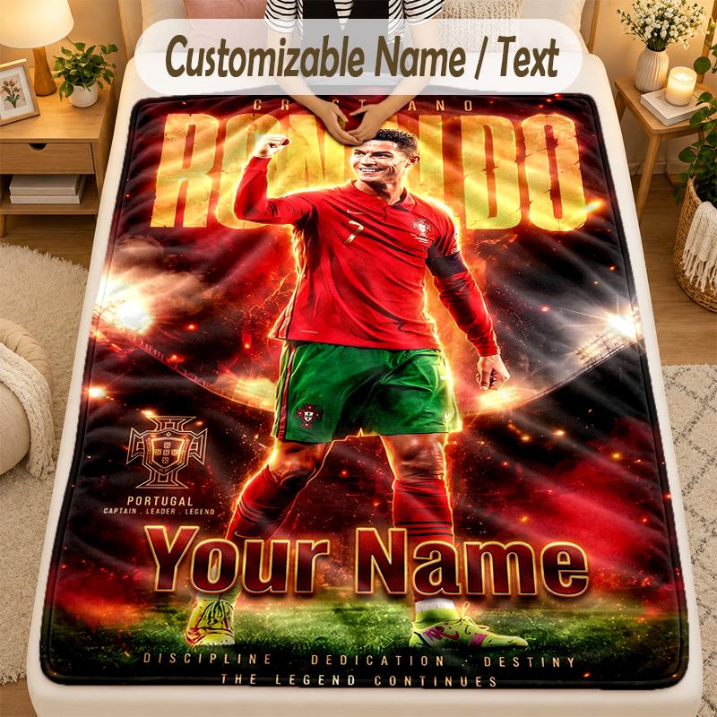 Flannel BlanketCristiano Ronaldo Custom Name Text Personalized Soft Warm Throw Blanket Home Decor Gift