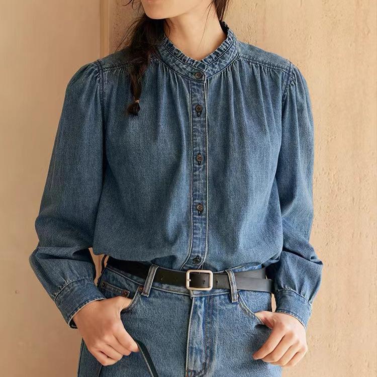 Autumn 2025 Women s French Retro Blue Lace Collar Denim Shirt XL