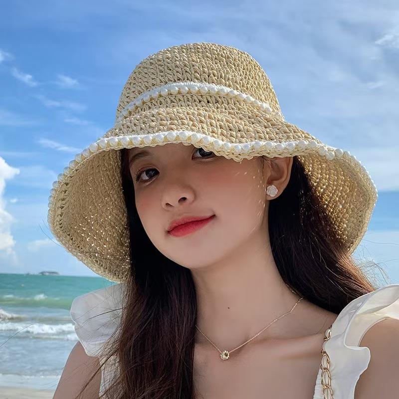 Sweet bow embroidered straw hat women's seaside vacation fisherman's hat children's summer hollow breathable straw visor