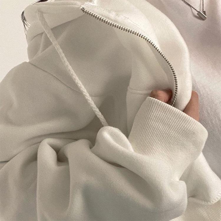Vintage Korean Women's Oversized Zip Up Hoodie Jacket Long Sleeve Solid Color Harajuku Fashion Autumn Hooded Sweatshirt