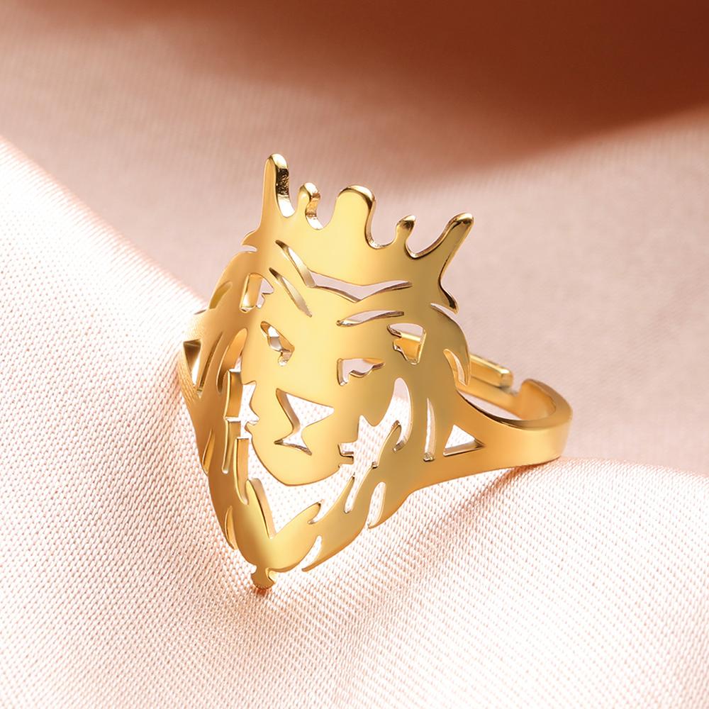 Dawapara Lion Head Ring Adjustable Norse Animal Totem Ring Strength Talisman Wedding Band Stainless Steel Jewelry
