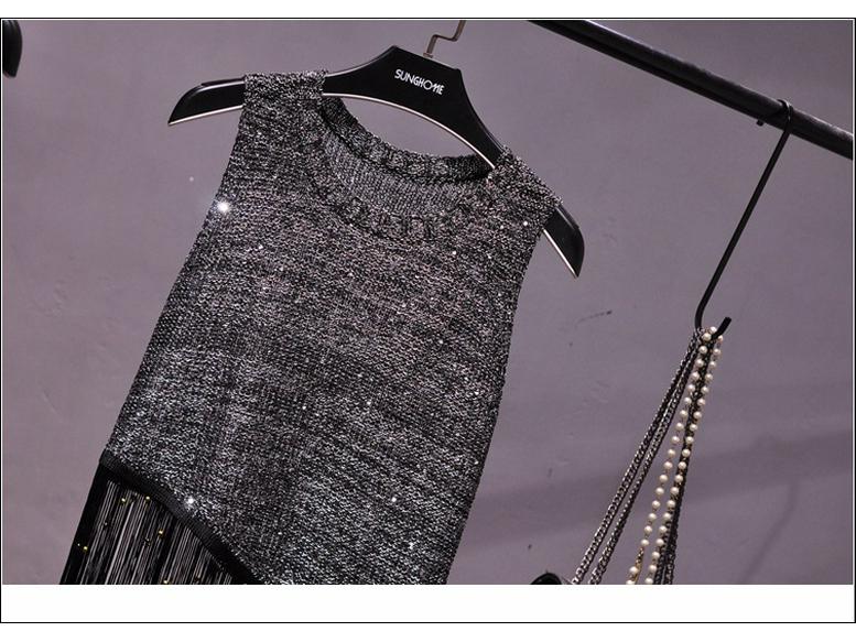 2019 Korean Style Sequin Tassel Spaghetti Strap Vest - Gold Thread Sleeveless Knitted Top for Women