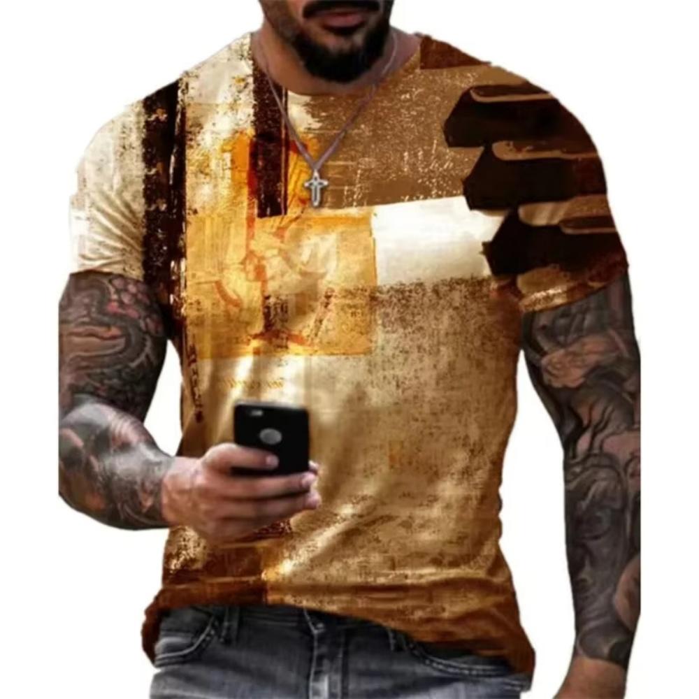 Men's Striped Pattern 3D Printed T-shirt, Summer Casual Chic Round Neck Top, Short Sleeved Outdoor Comfortable Personalized Short Sleeved Clothing