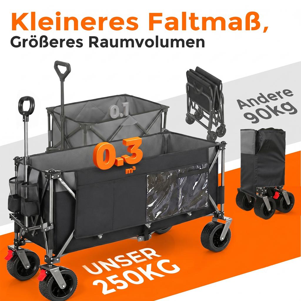 Składany wózek XXXL 300L Nośność 250 KG, Rozkładany do 130 cm, Dodatkowa szerokość 17x10 cm Koła terenowe, Opatentowany błyskawiczny montaż 4-kierunkowy, Czarny