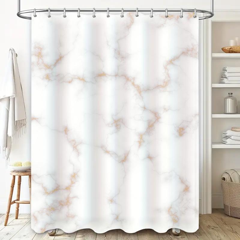 Luxury White Marble Shower Curtain Set For Bathroom Decor Modern Gold Accents Bath Mat And Hook Package Kit (200 X 180Cm)