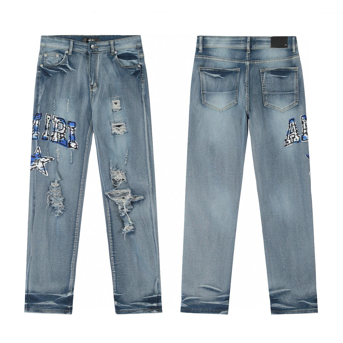 

M50 Amiri Men s and Women s American Style Trendy Jeans with Fabric Patches, Holes, Embroidery, Casual and Fashionable High Street Pants 36