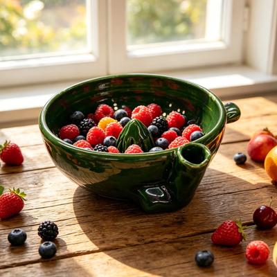Ceramic Berry Wash Bowl, Self Spinning Fruit and Vegetable Washing Bowl, Automatic Fruit Washer with Drain, Gentle 360° Cleaning for Strawberries