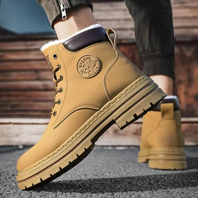 Fashion Men's Boots Winter New Plush Warm Snow Boots Fashion Yellow High Top British Style Ankle Male Boots Non-slip Platform Work Boot