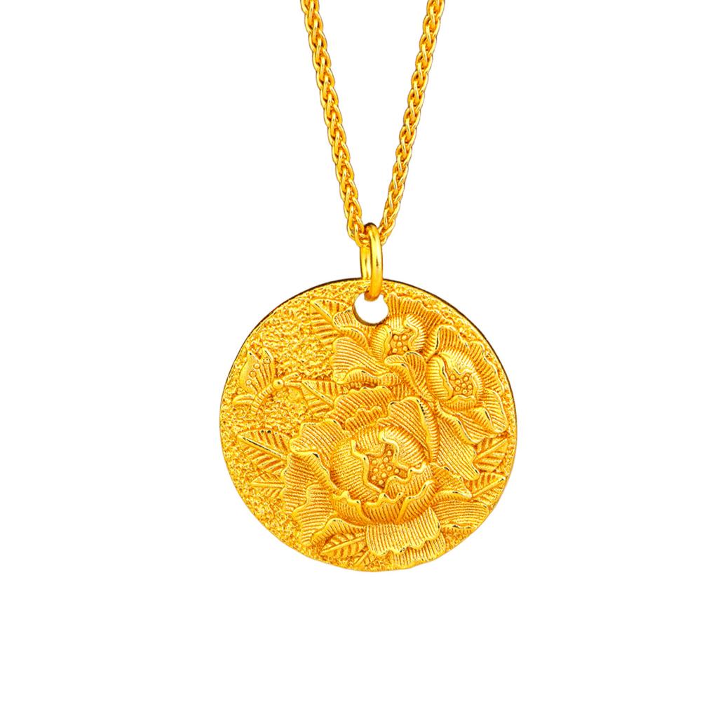 Luxury 24K 9999 Pure Gold Real Gold Women's Ancient Filigold Round Embossed Peony Pendant Necklace