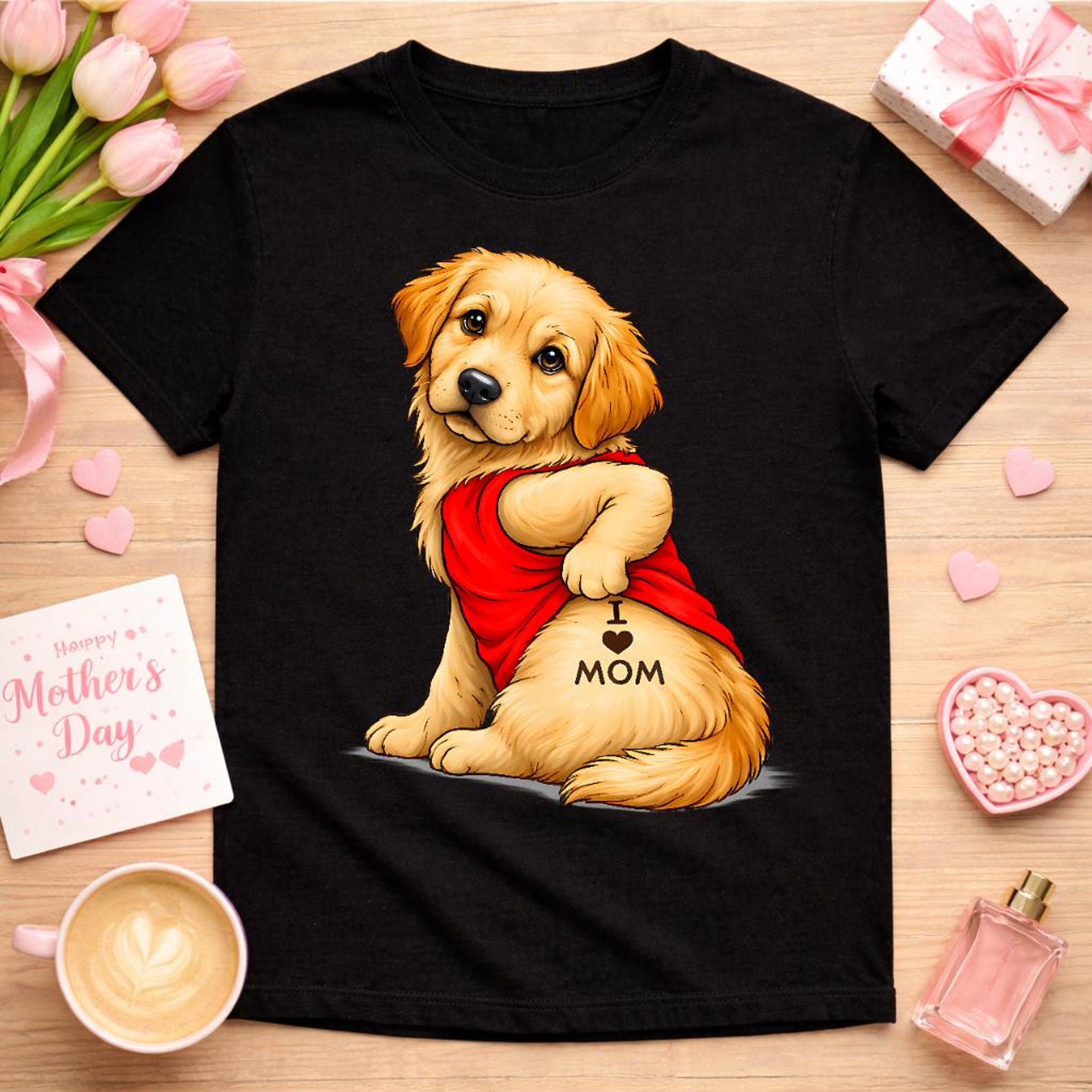 I Love Mom Golden Retriever Tattoo Shirt, Funny Dog Mom Mothers Day Gift, Golden Dog Lover Tee, Cute Tattoo Puppy XL
