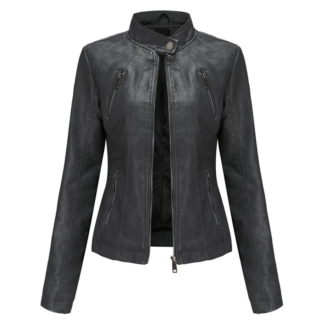Women's Slim Leather Stand-Up Collar Zipper Stitching Solid Color Jacket
