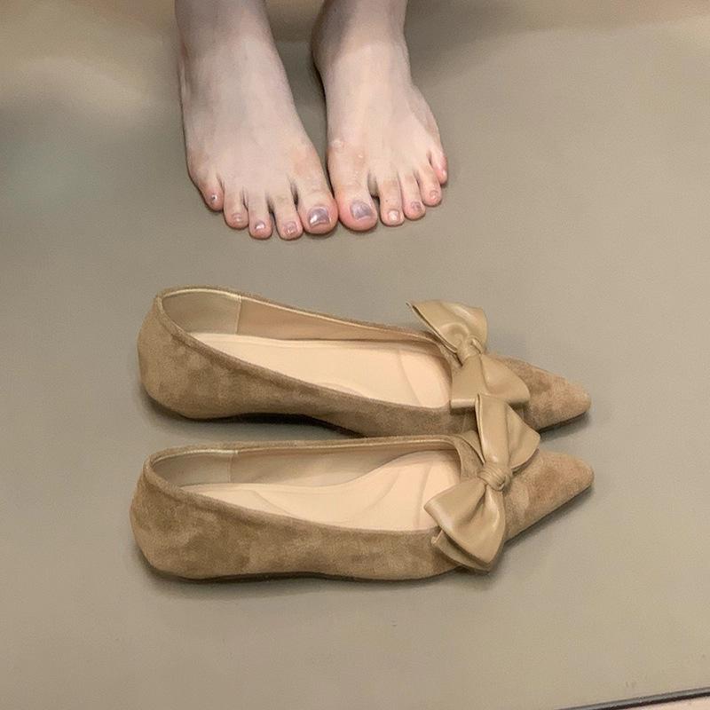 Pointed Bow Suede Low Heel Temperament Light Mouth Single Shoes Women's 2025 Autumn New Versatile One-pedal Commuter Shoes