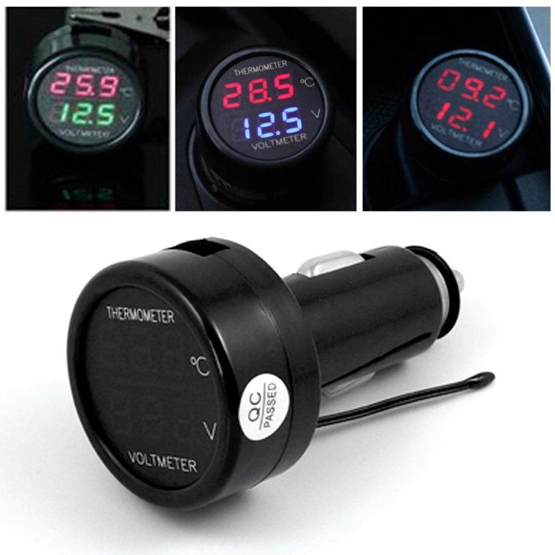 5pcs 2 In 1 Digital Thermometer Voltmeter 12V 24V Dual LED Red Blue Car Volt