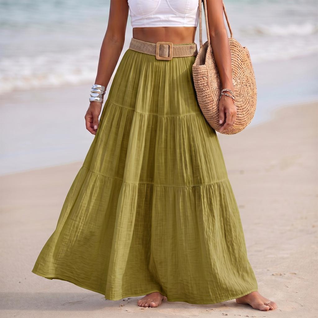 Women Fashion Solid Elastic Waist Patchwork Tiered Maxi Skirt Holiday Beach Linen Blend Casual Long Skirt with Belt