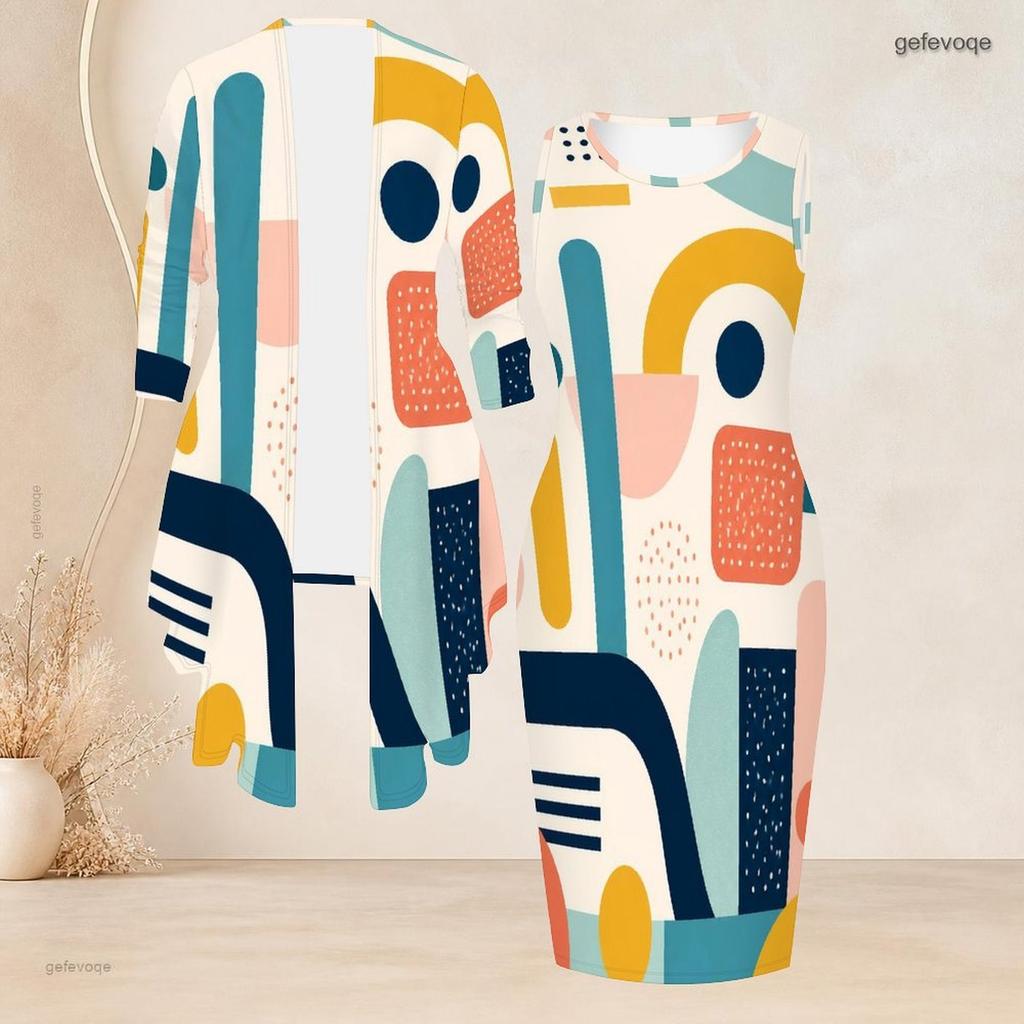 Women Plus Size Two Piece Set Abstract Printed Long Sleeve Draped Cardigan Sleeveless Bodycon Dress