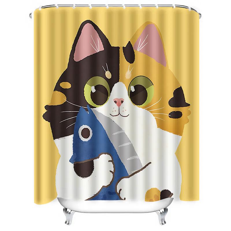 Cute Cat Holding Fish Shower Curtain for Bathroom Decor - Vibrant Yellow and White Design Elevate Space Easy-Clean