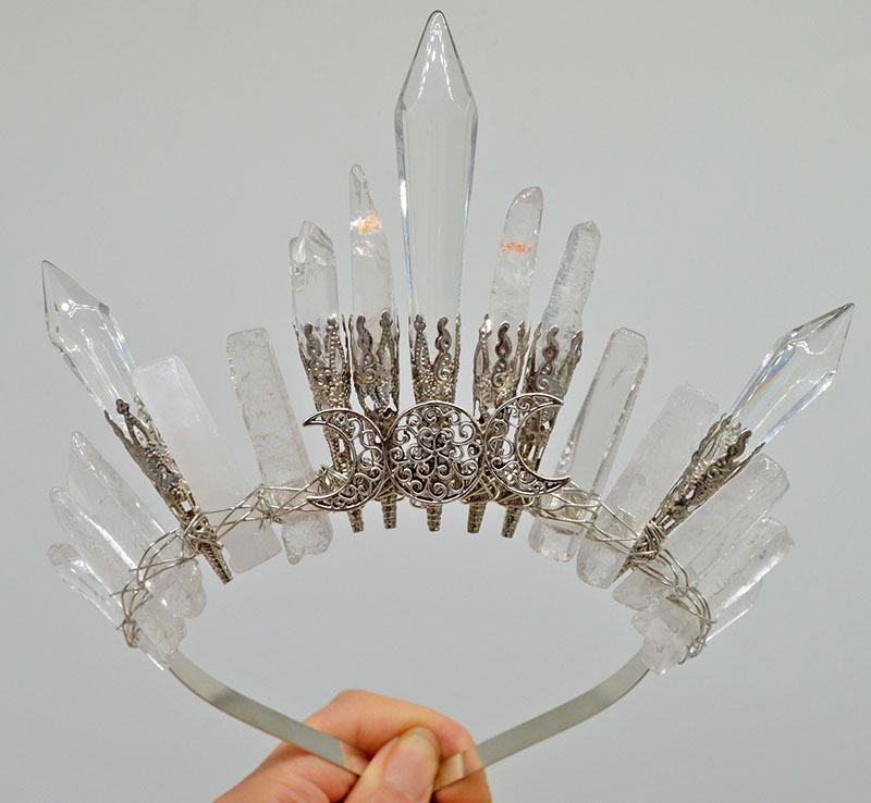 Retro Silver Moon Crystal Glass Crown Headband