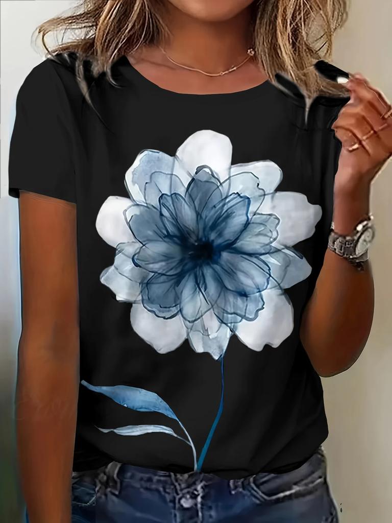 Damen Vintage T-Shirt mit floralem Print - Blaue & Weiße Aquarellblumen, Weiches Stoff-Tee, Damen T-Shirts