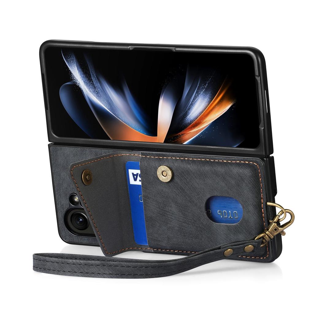 D1 For Samsung Galaxy Z Fold6 5G Case Kickstand Card Bag Leather+PC Phone Cover with Strap