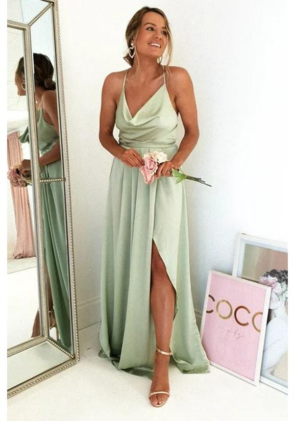 European and American Spaghetti Strap Evening Gown with Sexy Slit - New 2026 Women's Polyester Fashion
