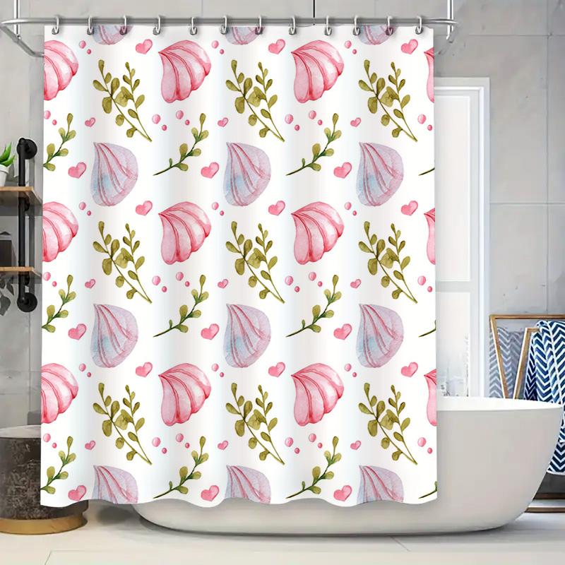 

Vibrant Floral Pattern Shower Curtain SetPink Shell Green Leaf Bath Decor for Home Bathroom Accessories Modern Shower Curtains w 90x180cm