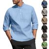 Men's Casual  3/4-Sleeve Shirt - Stand Collar Loose-Fit Breathable Solid Color With Pocket