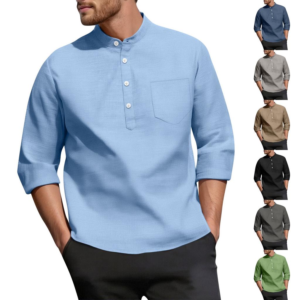 Men's Casual  3/4-Sleeve Shirt - Stand Collar Loose-Fit Breathable Solid Color With Pocket
