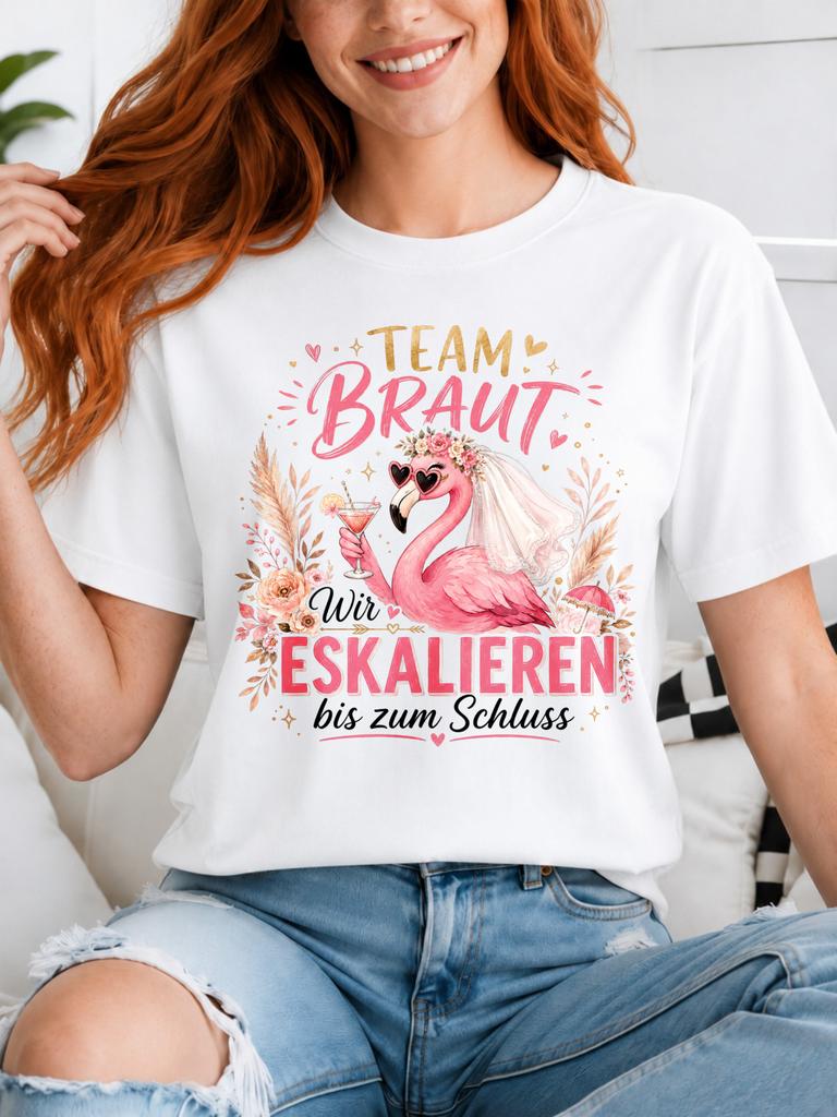 Team Braut Floral Flamingo Boho Bride Flamingo With Roses Pampas Leaves Cocktail And Gerunisex Unisex All Tshirt