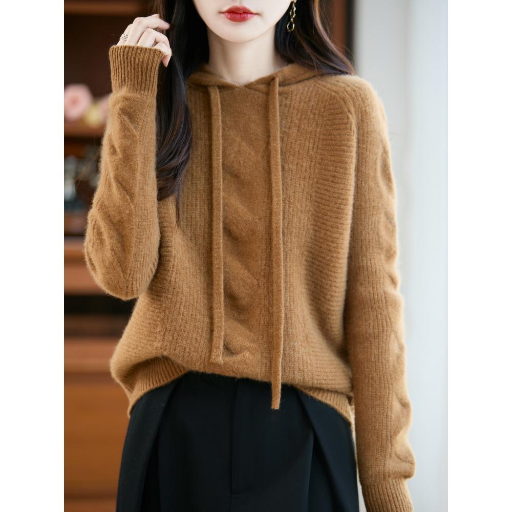 

Толстый свободный вязаный свитер большого размера с капюшоном в качестве базового слоя для женщин XL