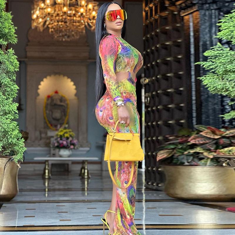 European and American Style Round Neck Tight Long Dress with Printed Long Sleeves and Hip Hugging Skirt