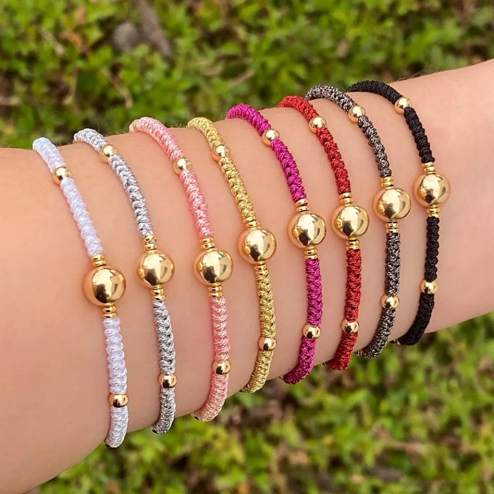 

Fashion Multicolor Hand-Woven Rope & Beaded 18K Gold-Plated Copper Bracelet for Women