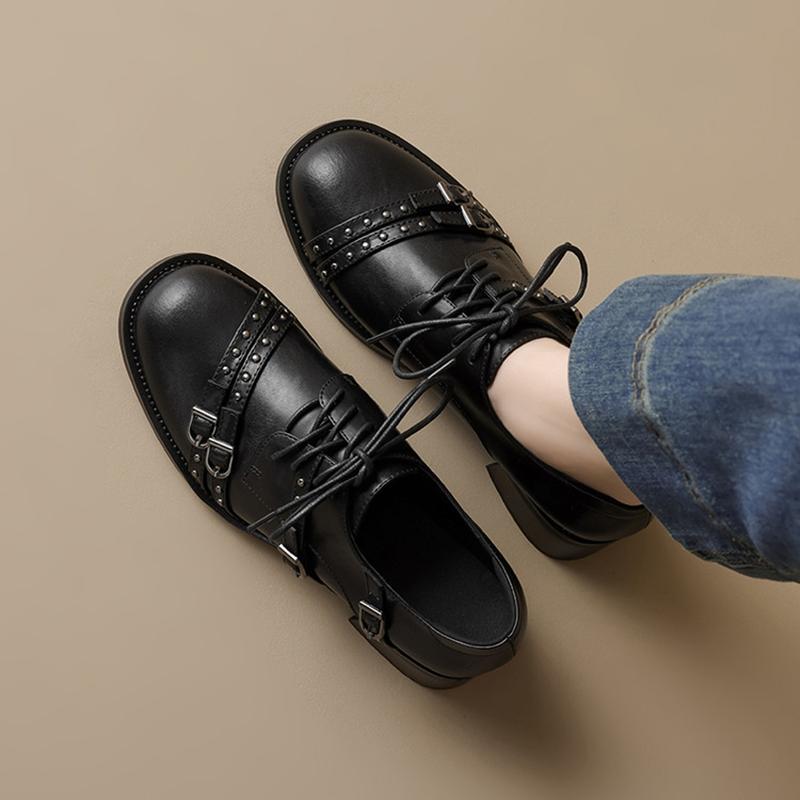 Fashion NEW Spring/Autumn Women Loafers Round Toe Chunky Heel Shoes Split Leather Shoes Women Rivet Lace-up Women Pumps Handmade Shoes