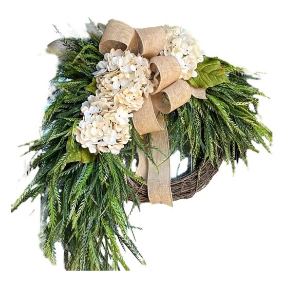 

Rustic Hydrangea Wreath with Burlap Bow Farmhouse Wall Door Hanging Decor for Home Garden Wedding Artificial Floral Garland for Spring Summer E