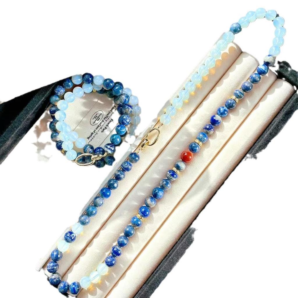 Vintage Natural Lapis Lazuli Chalcedony Artificial Moonstone Sweater Chain Necklace Collarbone Chain