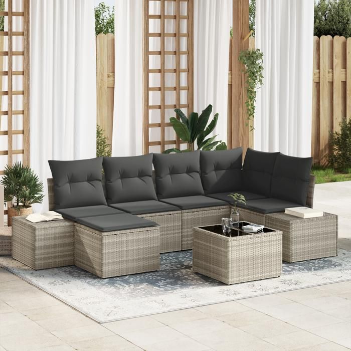 VidaXL Ensemble de canapés de jardin 7 pièces avec coussins Gris poly rotin 3355811