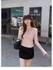 Women's Sweet & Spicy Bow Tie Lace Spliced Long Sleeve Slim Fit Top