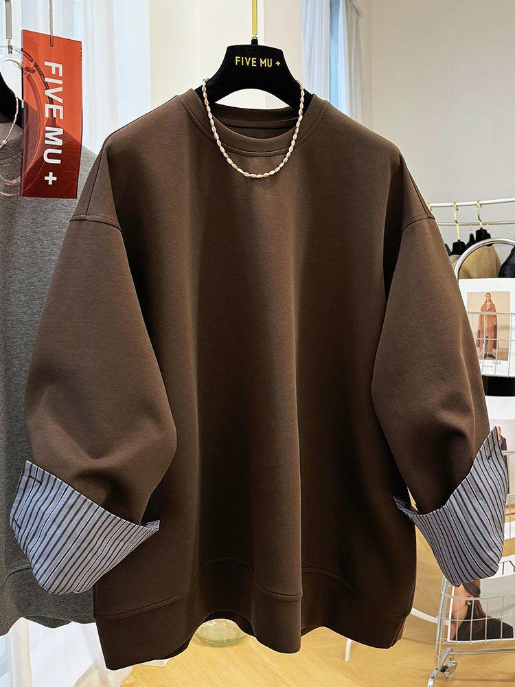Damen Chic Samt Patchwork Zweiteiliger Look Sweatshirt: Gemütliches, Entspanntes Herbst-/Winter-Oberteil mit Rundhalsausschnitt