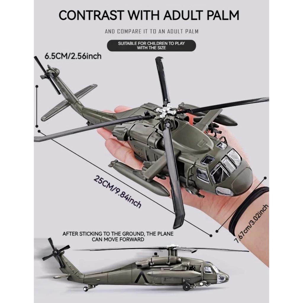 1/64 Model vrtulníku Black Hawk ze slitiny s výstavním stojanem a dárkovým balením Realistické zvukové a světelné efekty Ideální pro vystavení