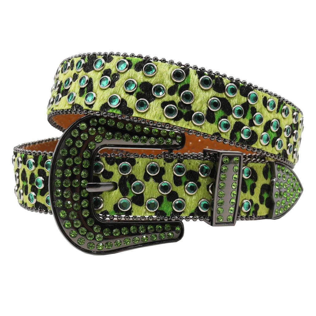 Leopard Print Rhinestone Leather Belt - Y2K Style for Women