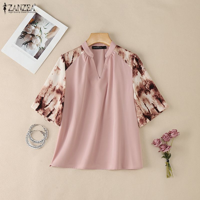 ZANZEA Women Casual V-Neck Splice 3/4 Sleeve Loose Blouse