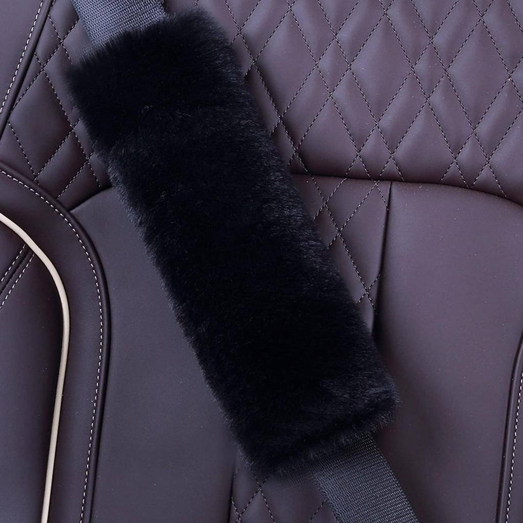 Pinbola 5Pcs In 1 Set Faux Wool Steering Wheel Cover Soft Fluffy Handbrake Cover & Gear Shift Cover & 2Pcs Seat Belt Shoulder Pads Warm Universal Fit