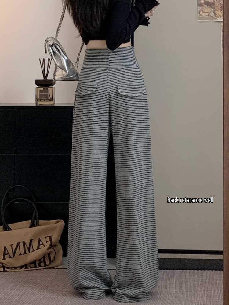 Autumn 2026 Women's Striped Drawstring Casual Pants - Floor-Length, Loose, Slimming Style